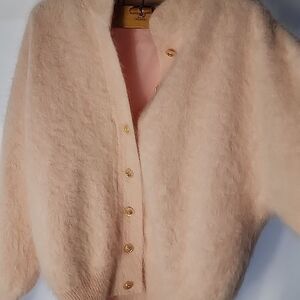 Vintage Quiet Luxury Soft Angora Fur Jewel Button Pink Cardigan Sweater Size XL